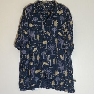 Newport Blue Shirt Mens 2XL Blue Tropical Palm Leaf Print Button Up Short Sleeve